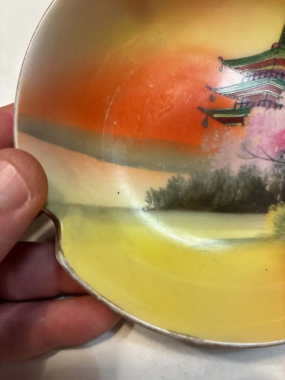 Vintage Noritake Japanese Porcelain Small Bowl with Hand-Painted Pagoda Landscap